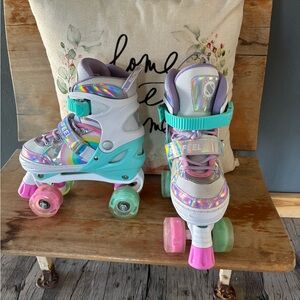 Sulifeel Pink and Green Roller Skates with Adjustable Toe Stops